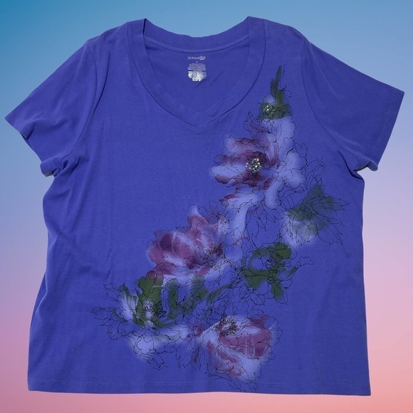 ST, John's Bay Blue Floral Graphic Print Short Sleeve V-Neck T-Shirt - Picture 9 of 10